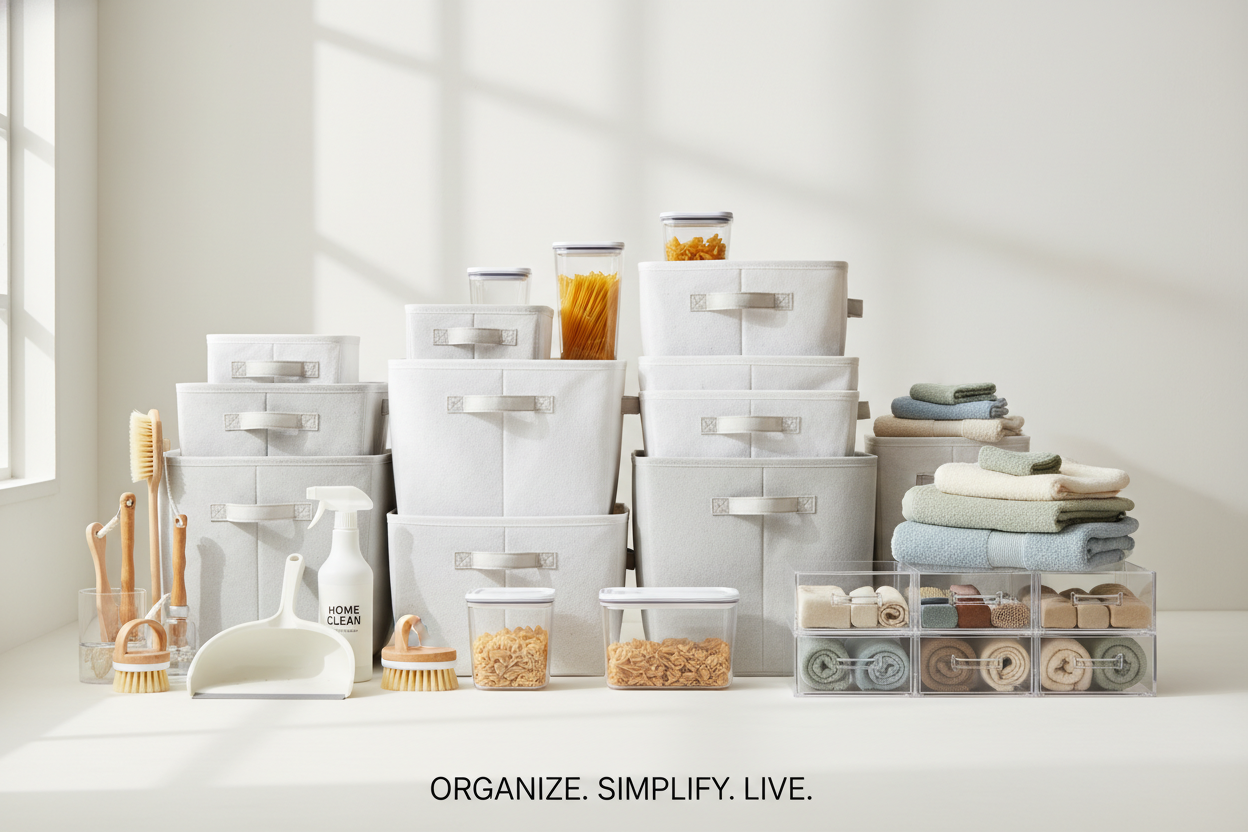 Clean hero image for a home supplies store — neatly arranged household essentials like storage boxes, cleaning tools, kitchen containers, towels and organizers on a bright neutral background. Soft natural lighting, tidy and minimal style for e-commerce banner.
