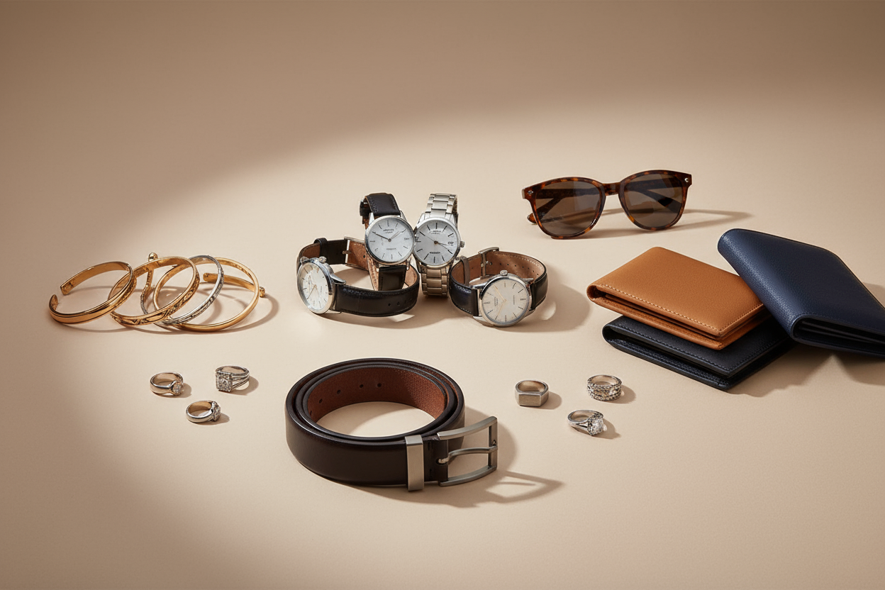 Elegant hero image for an accessories store — neatly arranged items like watches, bracelets, sunglasses, wallets, belts and rings on a clean neutral background. Soft studio lighting, premium minimal style, for e-commerce banner.
