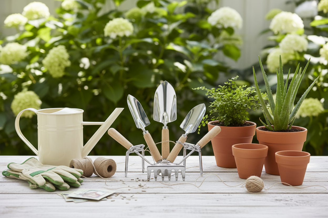 Fresh garden store hero image — neatly arranged gardening tools, pots, watering can, gloves, and small indoor plants on a light natural background. Soft daylight, green fresh vibe, minimal and clean for e-commerce banner.
