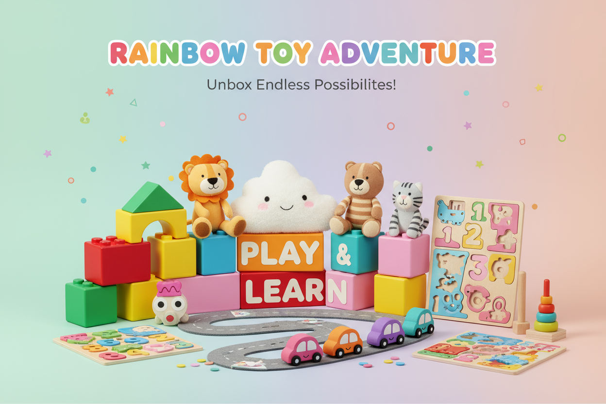 Vibrant hero image for a kids toy store — colorful educational toys like building blocks, plush toys, puzzles and cars arranged neatly on a clean pastel background. Bright soft lighting, playful mood, safe and friendly look, for e-commerce banner.
